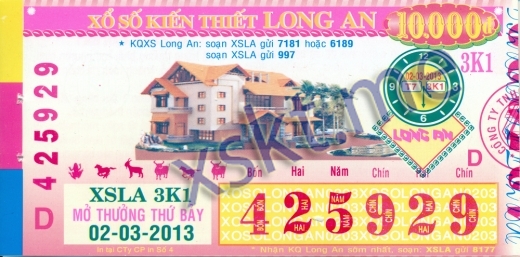 Mẫu vé sô xổ số Long An ngày 2/3/2013