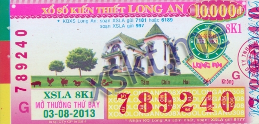 Mẫu vé sô xổ số Long An ngày 3/8/2013