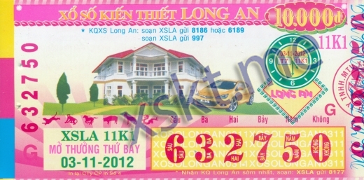 Mẫu vé sô xổ số Long An ngày 3/11/2012