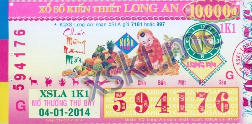 Mẫu vé sô xổ số Long An ngày 4/1/2014