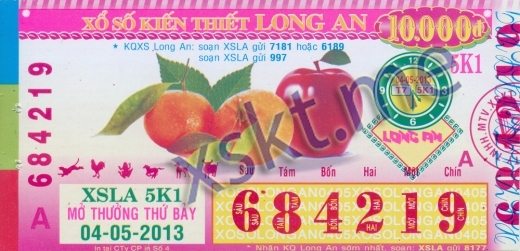 Mẫu vé sô xổ số Long An ngày 4/5/2013