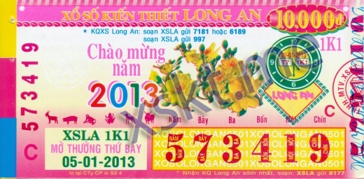 Mẫu vé sô xổ số Long An ngày 5/1/2013