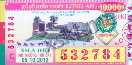 Mẫu vé sô xổ số Long An ngày 5/10/2013