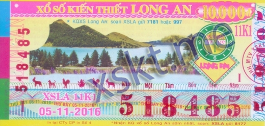 Mẫu vé sô xổ số Long An ngày 5/11/2016