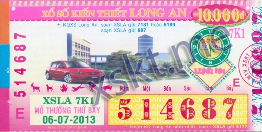 Mẫu vé sô xổ số Long An ngày 6/7/2013