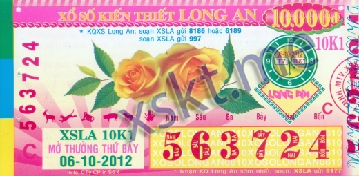 Mẫu vé sô xổ số Long An ngày 6/10/2012