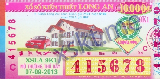 Mẫu vé sô xổ số Long An ngày 7/9/2013