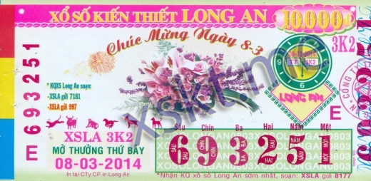 Mẫu vé sô xổ số Long An ngày 8/3/2014
