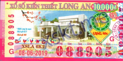 Mẫu vé sô xổ số Long An ngày 8/6/2019