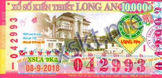 Mẫu vé sô xổ số Long An ngày 8/9/2018