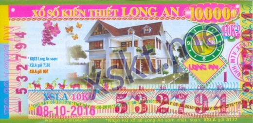 Mẫu vé sô xổ số Long An ngày 8/10/2016