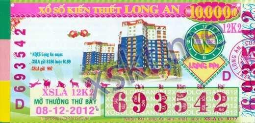 Mẫu vé sô xổ số Long An ngày 8/12/2012