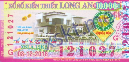 Mẫu vé sô xổ số Long An ngày 8/12/2018
