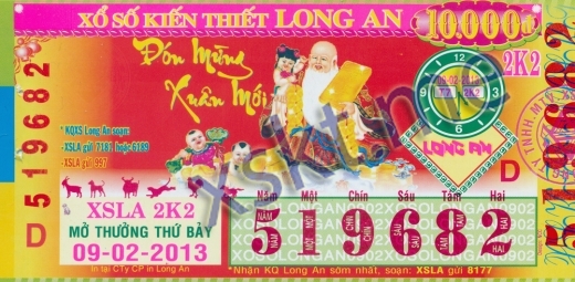 Mẫu vé sô xổ số Long An ngày 9/2/2013