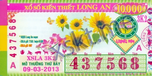 Mẫu vé sô xổ số Long An ngày 9/3/2013