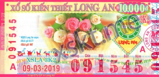 Mẫu vé sô xổ số Long An ngày 9/3/2019