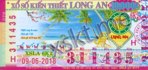 Mẫu vé sô xổ số Long An ngày 9/6/2018