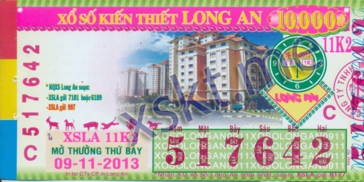 Mẫu vé sô xổ số Long An ngày 9/11/2013