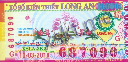 Mẫu vé sô xổ số Long An ngày 10/3/2018