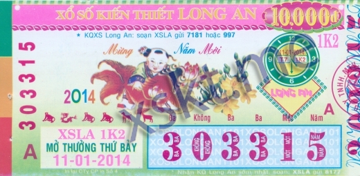 Mẫu vé sô xổ số Long An ngày 11/1/2014