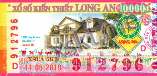 Mẫu vé sô xổ số Long An ngày 11/5/2019