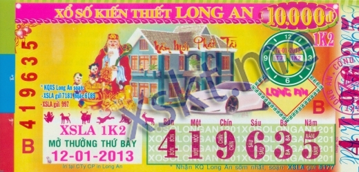 Mẫu vé sô xổ số Long An ngày 12/1/2013