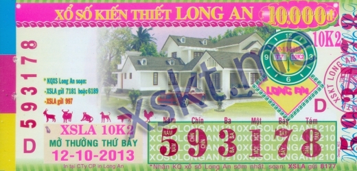 Mẫu vé sô xổ số Long An ngày 12/10/2013