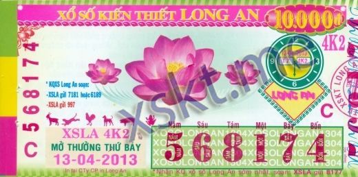 Mẫu vé sô xổ số Long An ngày 13/4/2013