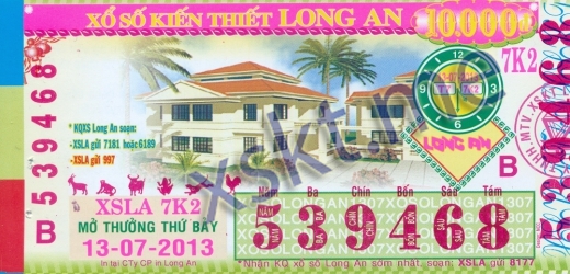 Mẫu vé sô xổ số Long An ngày 13/7/2013