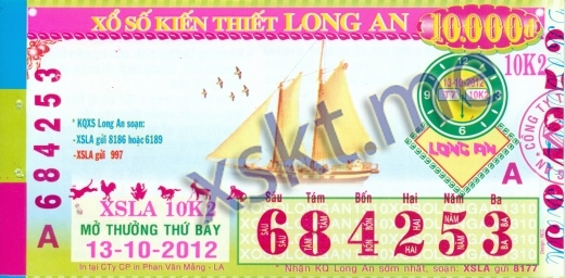Mẫu vé sô xổ số Long An ngày 13/10/2012