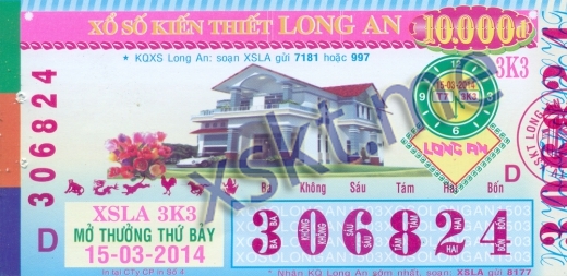 Mẫu vé sô xổ số Long An ngày 15/3/2014