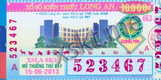 Mẫu vé sô xổ số Long An ngày 15/6/2013