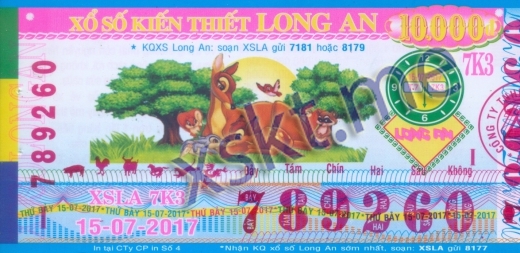 Mẫu vé sô xổ số Long An ngày 15/7/2017