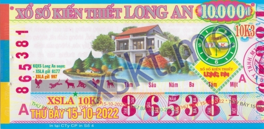 Mẫu vé sô xổ số Long An ngày 15/10/2022