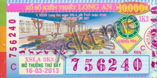 Mẫu vé sô xổ số Long An ngày 16/3/2013