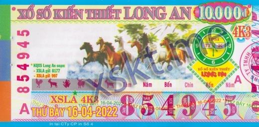 Mẫu vé sô xổ số Long An ngày 16/4/2022