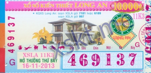 Mẫu vé sô xổ số Long An ngày 16/11/2013