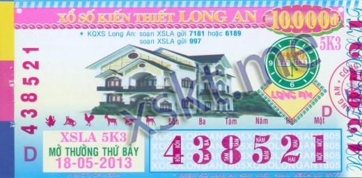 Mẫu vé sô xổ số Long An ngày 18/5/2013