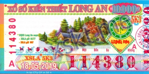 Mẫu vé sô xổ số Long An ngày 18/5/2019