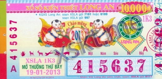 Mẫu vé sô xổ số Long An ngày 19/1/2013