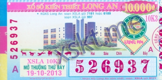 Mẫu vé sô xổ số Long An ngày 19/10/2013
