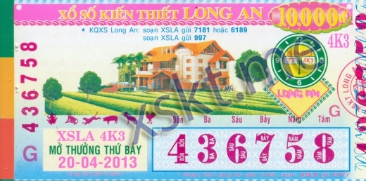 Mẫu vé sô xổ số Long An ngày 20/4/2013