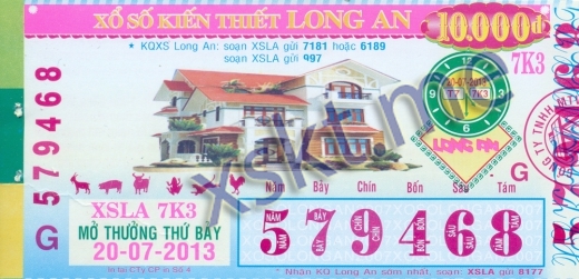 Mẫu vé sô xổ số Long An ngày 20/7/2013