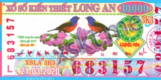 Mẫu vé sô xổ số Long An ngày 21/3/2020