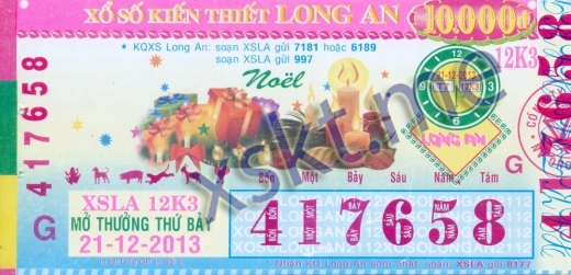 Mẫu vé sô xổ số Long An ngày 21/12/2013