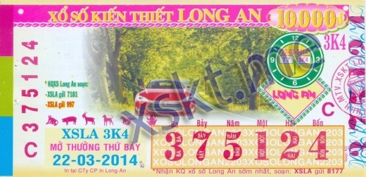 Mẫu vé sô xổ số Long An ngày 22/3/2014