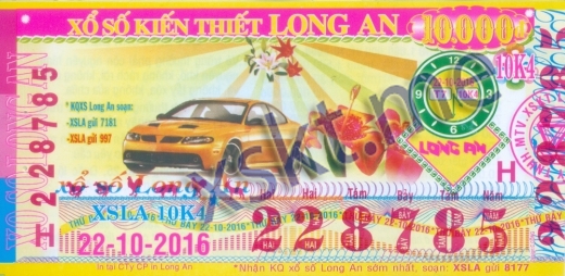 Mẫu vé sô xổ số Long An ngày 22/10/2016