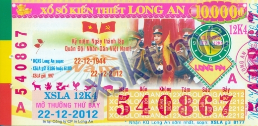 Mẫu vé sô xổ số Long An ngày 22/12/2012