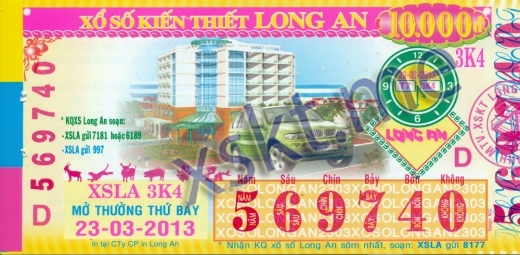 Mẫu vé sô xổ số Long An ngày 23/3/2013