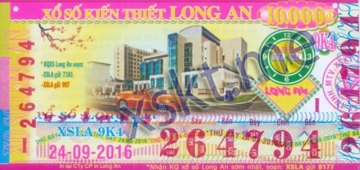 Mẫu vé sô xổ số Long An ngày 24/9/2016